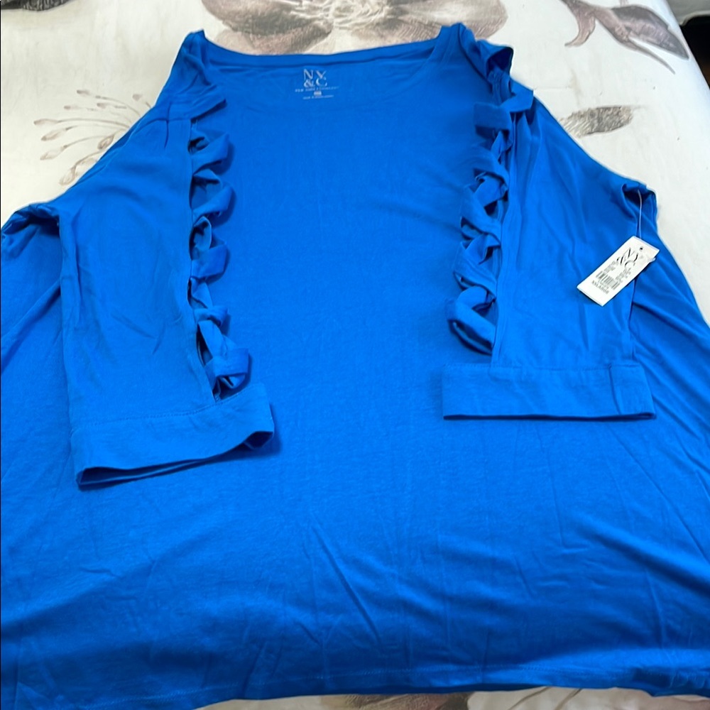 NY Collection Women's Blue Ruffle Top